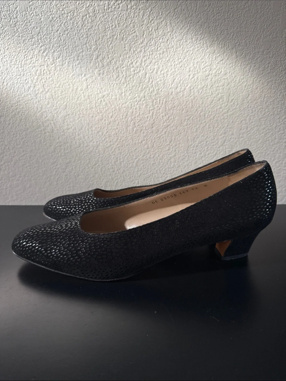Salvatore Ferragamo Black Suede Pumps with Silver Dot Accents